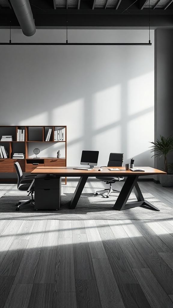 A modern l shaped executive desk in a stylish office setting with angular legs and a wooden surface.