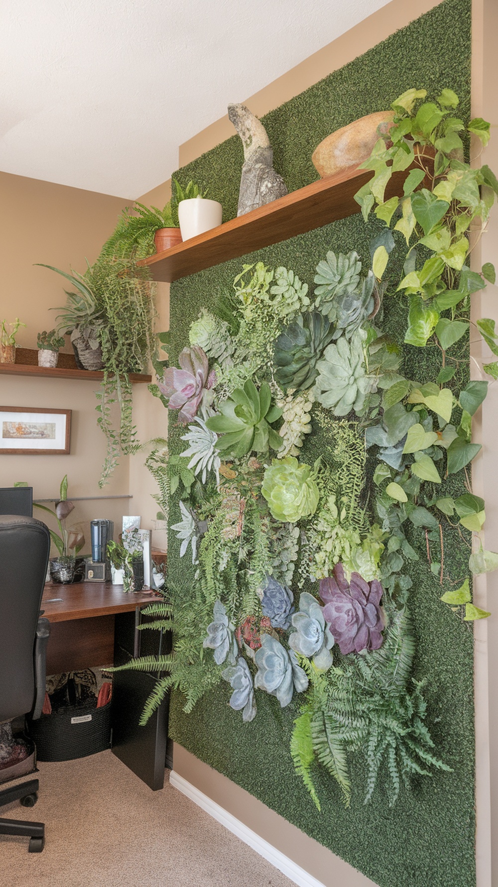 A vibrant green wall featuring various plants in a masculine home office setting.