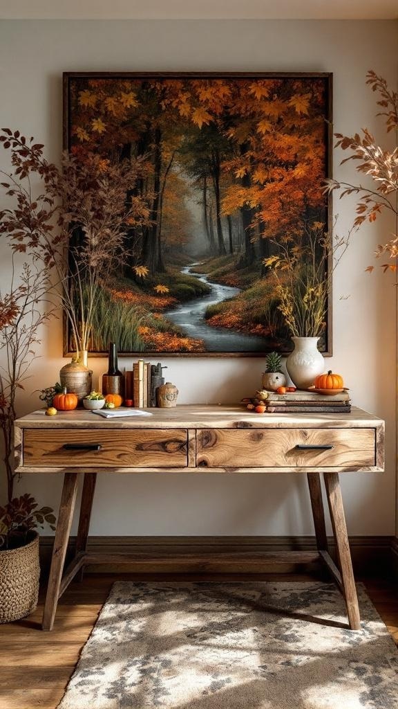 A cozy nature-inspired desk with autumn decorations, featuring a wooden desk, seasonal flowers, and a view of fall foliage through the window.