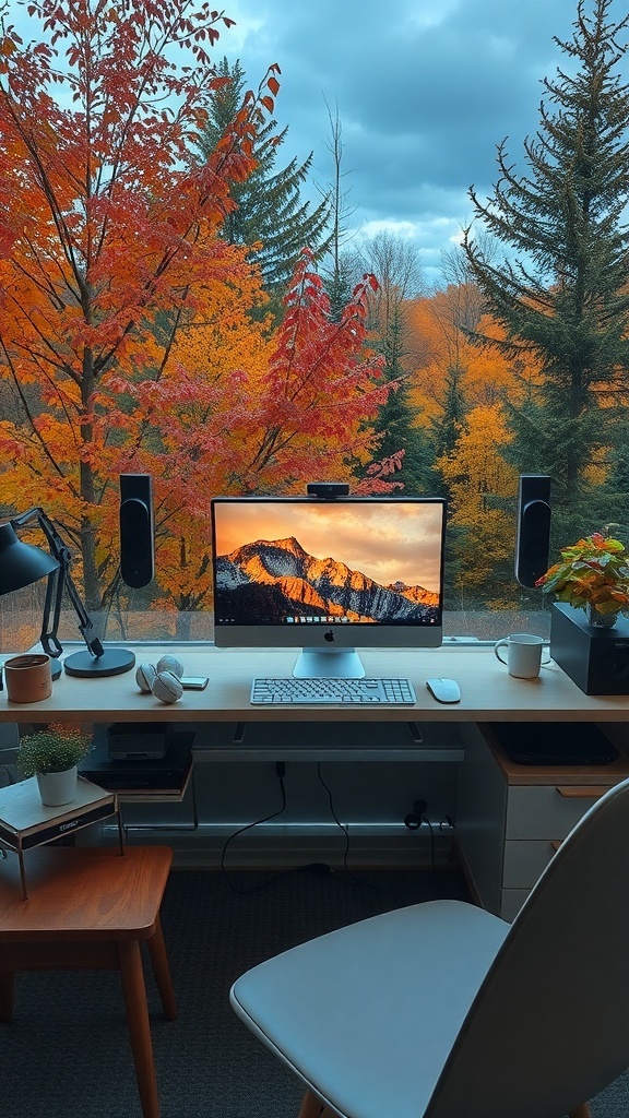 A cozy workspace with a minimal desk setup, pumpkins, and autumn decor.