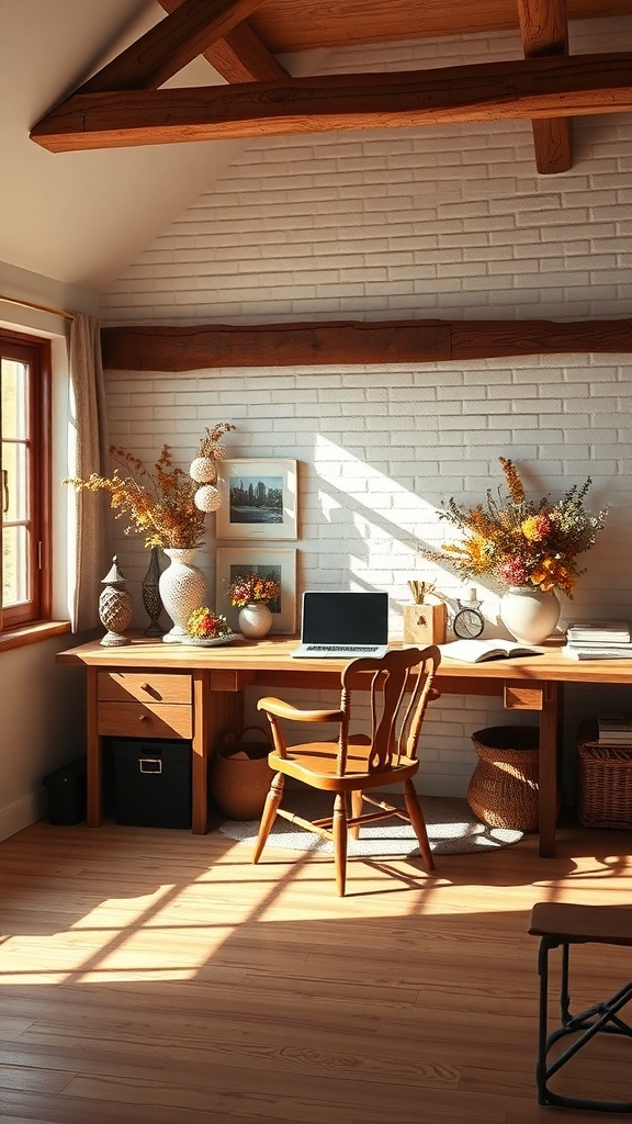A cozy home office featuring pale gray walls and espresso brown furniture, with natural light illuminating the space.
