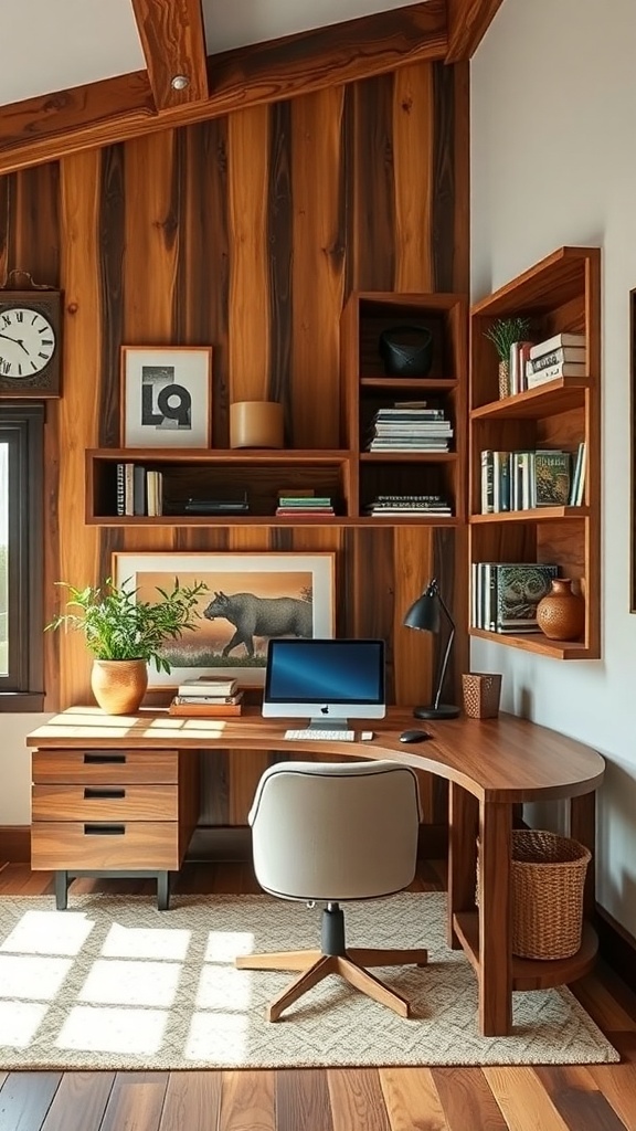A cozy home office with rustic walnut furniture, beige walls, and decorative elements.