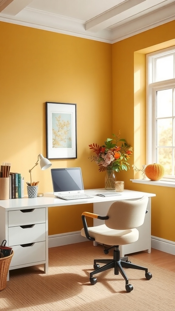 A home office with muted mustard yellow walls, white furniture, and autumn decor.
