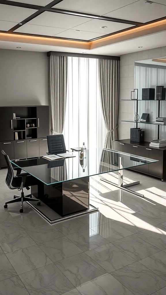 A modern glass top L shaped executive desk in a stylish office setting.