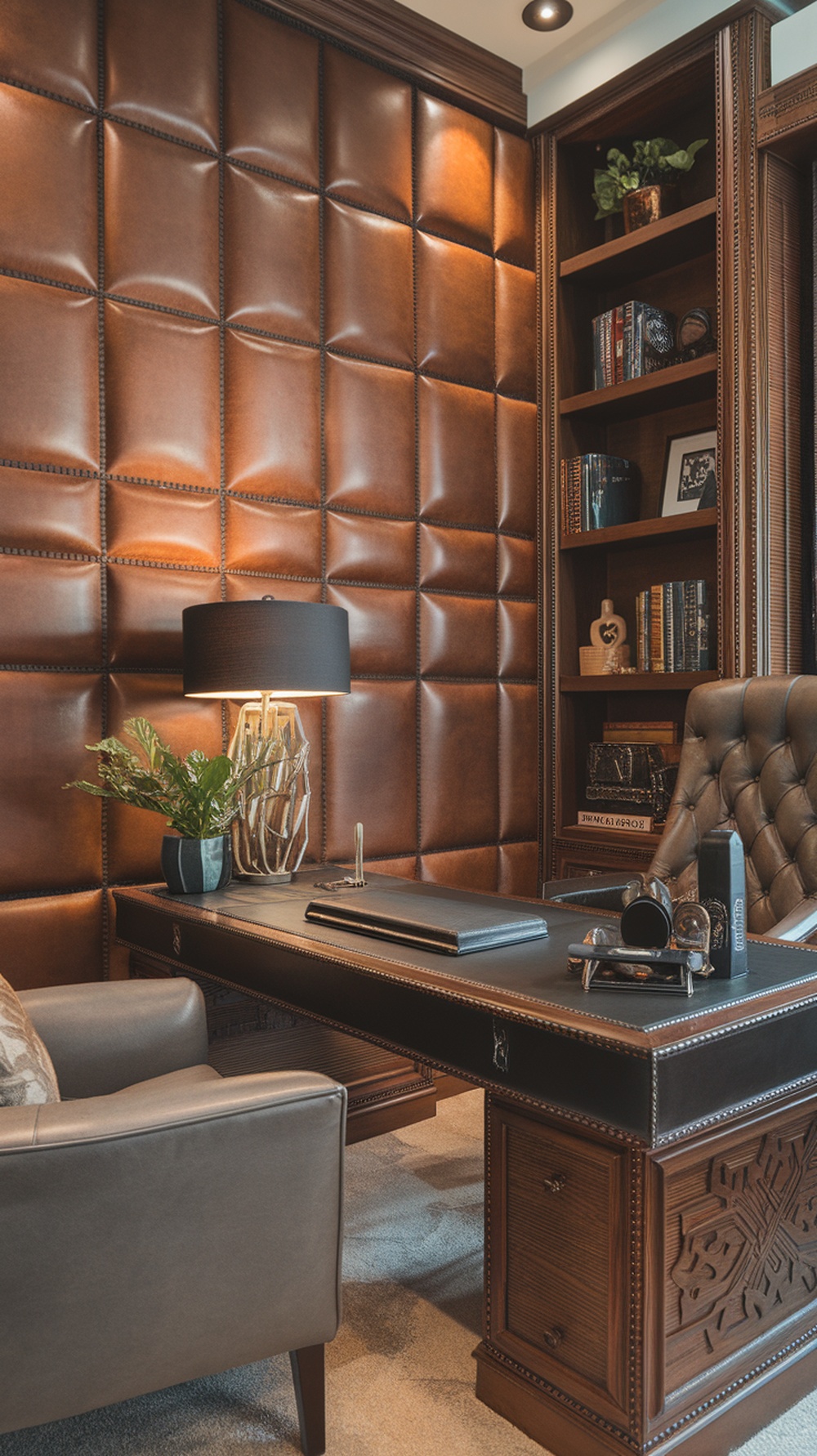 A luxurious office with leather wall panels, a wooden desk, and a comfortable chair, showcasing a masculine design.