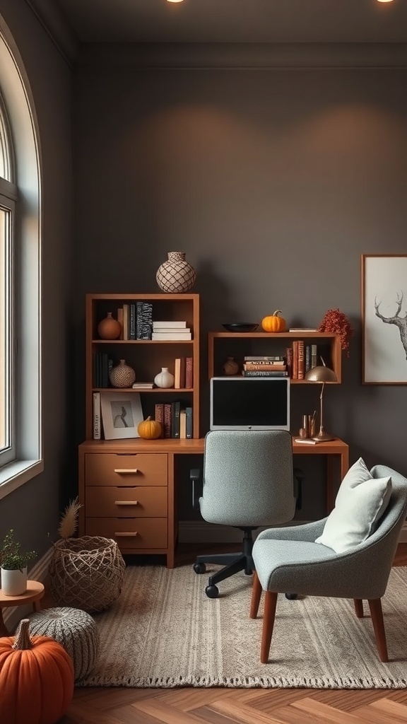 A cozy home office featuring Warm Ash Gray walls, wooden furniture, and autumn decorations.