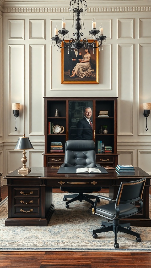 Sophisticated executive desk with dark finishes, leather chair, and elegant decor.