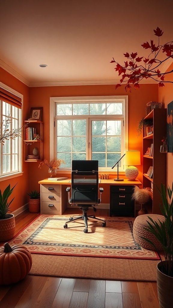 A cozy home office with sunset orange walls, a desk, and plants, embodying autumn vibes.