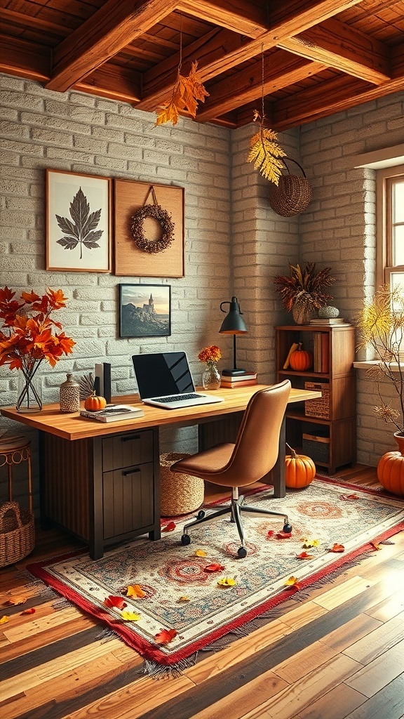 A cozy home office decorated for fall with pumpkins, leaves, and warm wooden elements.