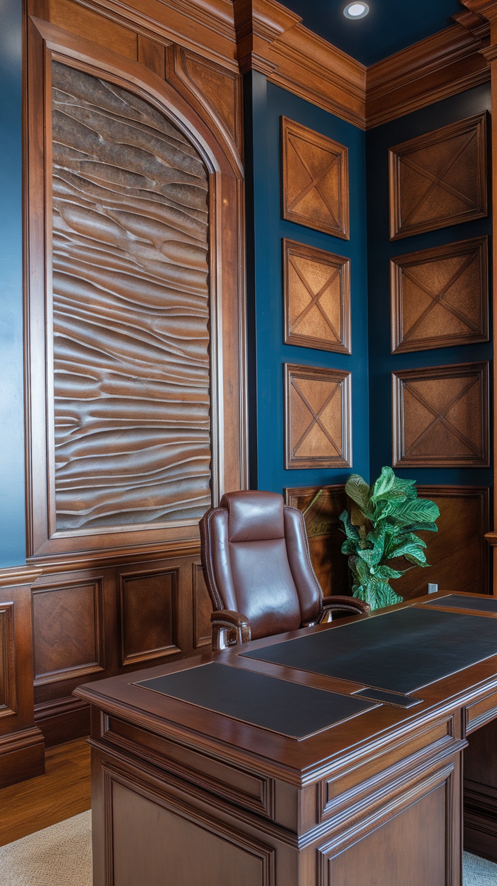 A masculine home office featuring rich wood paneling and a modern desk.