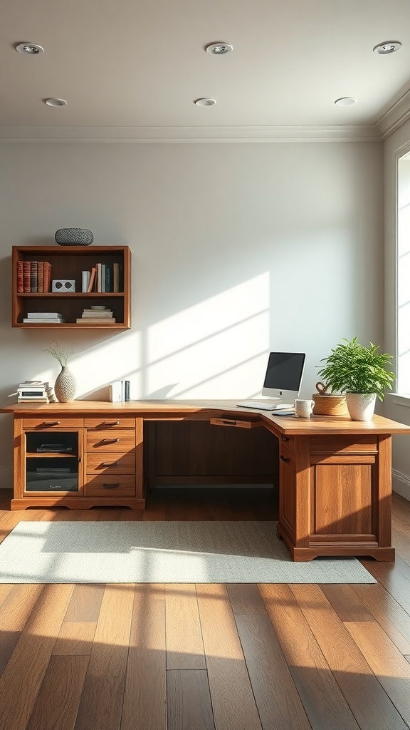 Rustic farmhouse L shaped executive desk with storage in a bright office setting