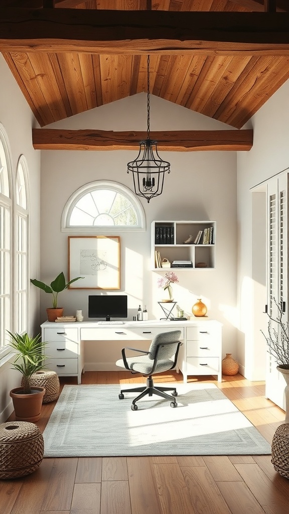 A stylish home office with a high wooden ceiling, modern desk, and plants, showcasing a blend of vintage and modern design.