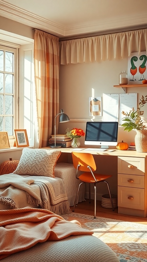 A cozy home office with soft fabrics, warm colors, and a pumpkin, reflecting fall vibes.