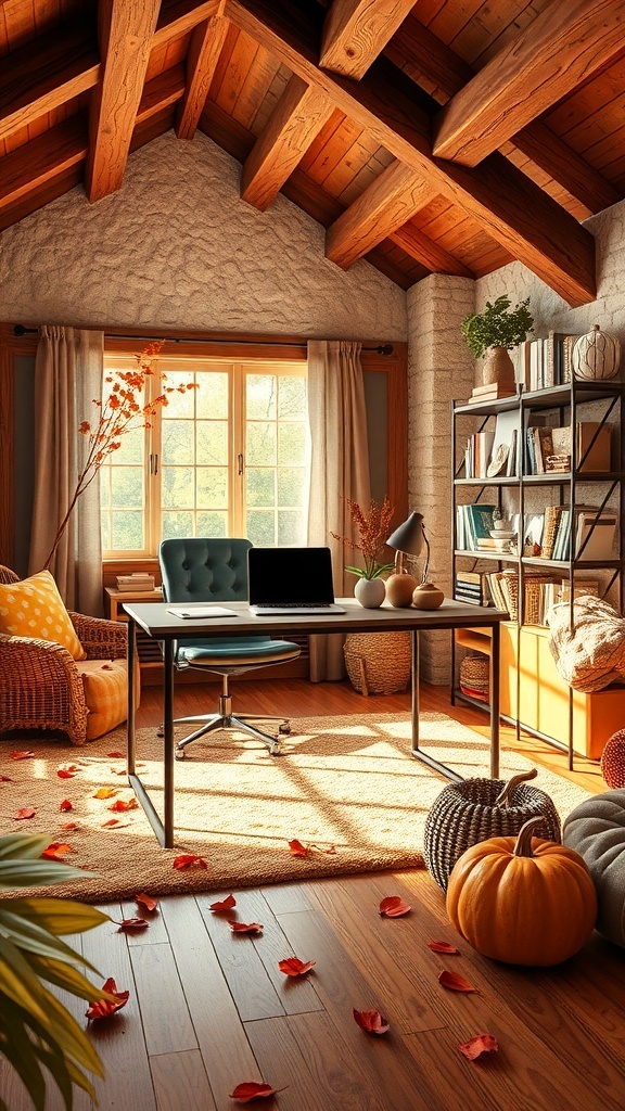 Cozy home office with warm wooden beams, a desk, and autumn decorations.