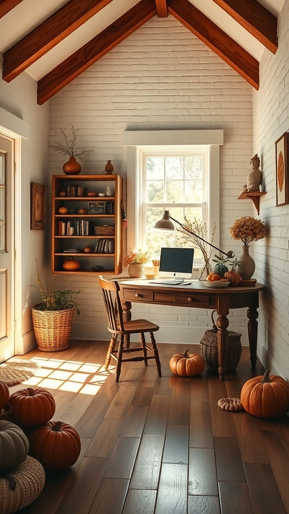 Cozy home office with warm gray walls and chestnut accents, featuring a wooden desk, pumpkins, and natural light.