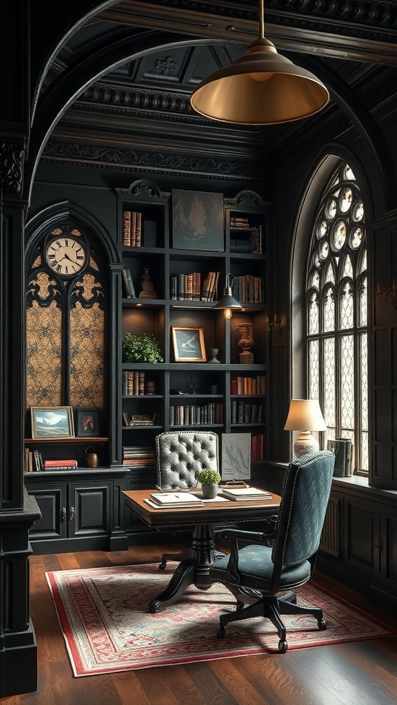 A Gothic Revival style home office featuring dark wood tones, intricate architectural details, and elegant furniture.