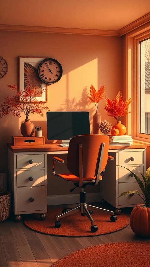 A cozy home office with a rusty red orange color scheme, featuring a desk, chair, and decorative plants.