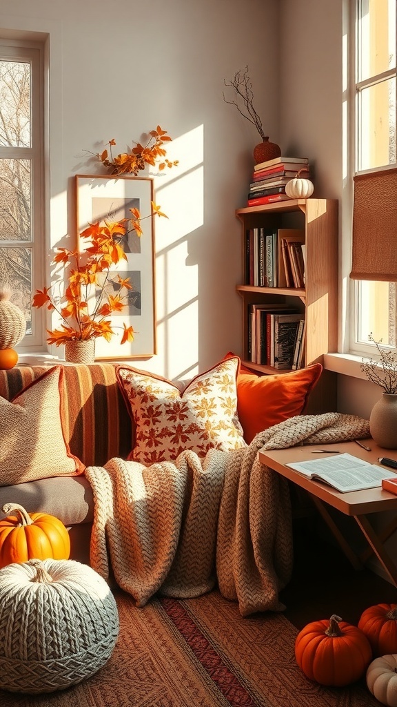 Cozy reading nook with autumn decor, featuring warm colors, pumpkins, and soft blankets.
