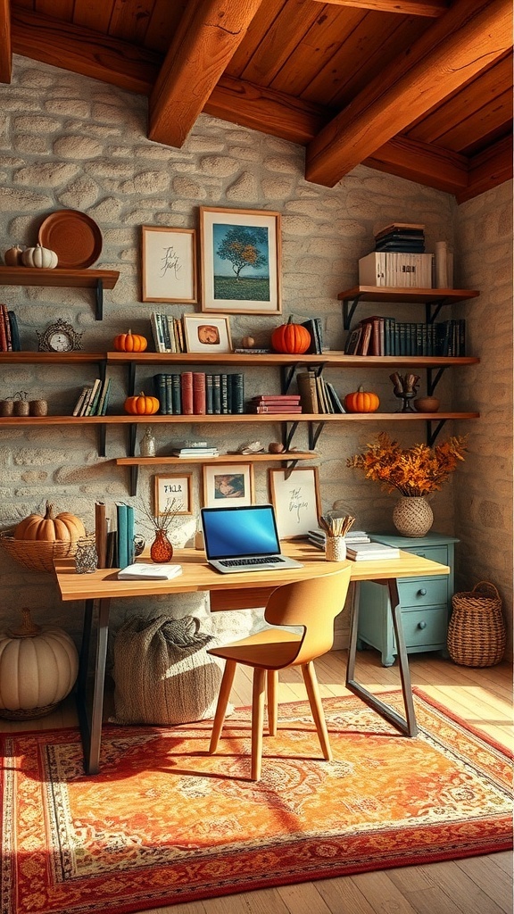 Cozy home office with creative wall shelves decorated for fall
