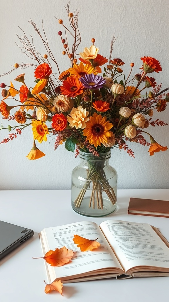 A vibrant floral arrangement with dried flowers in a glass vase on a desk, surrounded by fallen leaves and an open book.