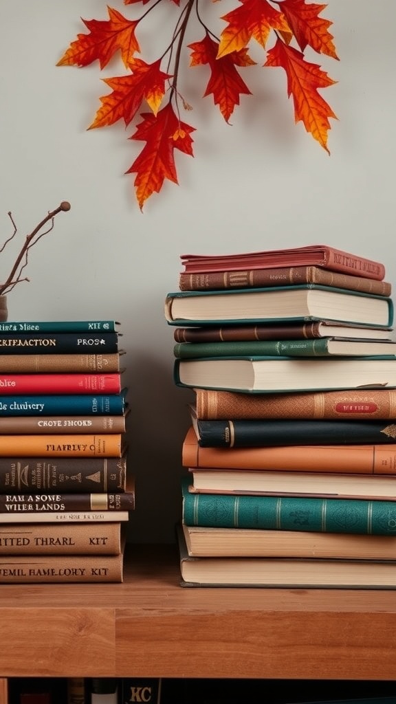 A stack of vintage books with autumn leaves above, creating a cozy home office decor.