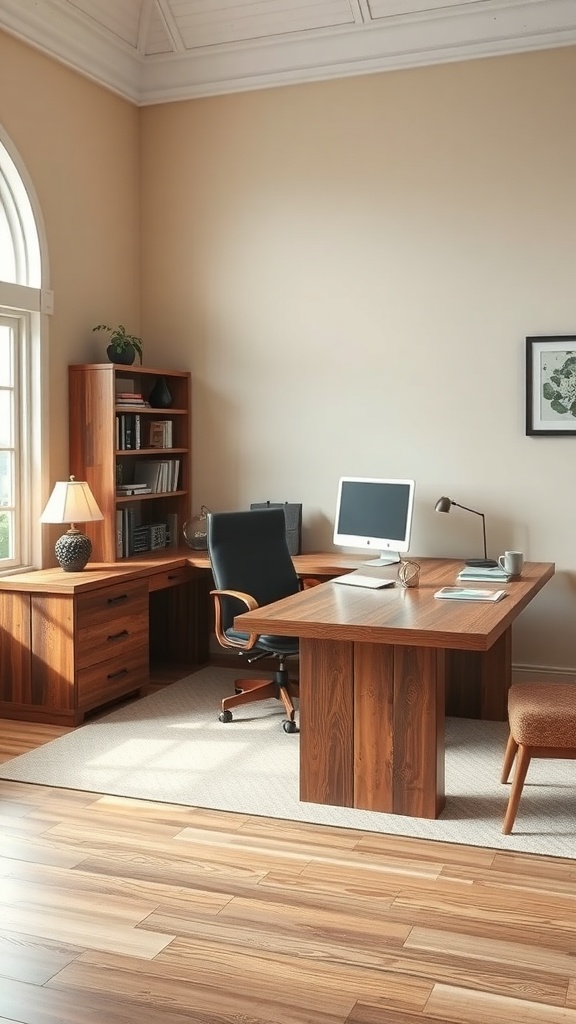 A rustic L shaped executive desk in a cozy office setting.