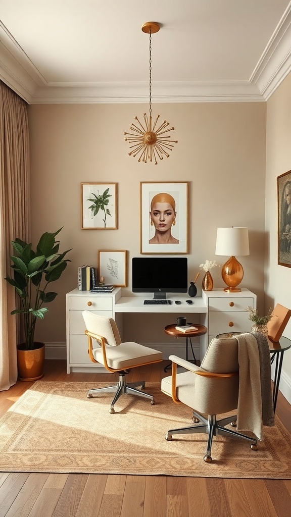 A stylish home office featuring beige walls, metallic gold accents, and modern furniture.