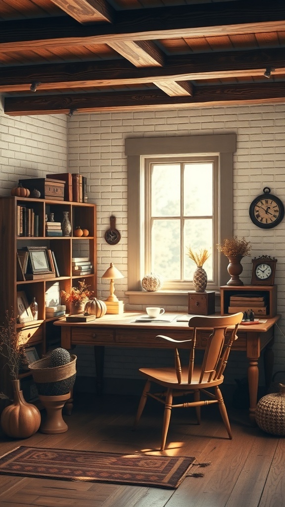 Cozy home office with rustic wooden furniture, light brown wallpaper, and natural decor