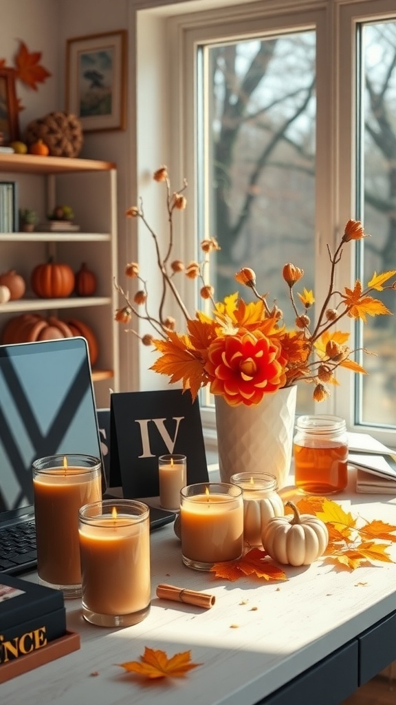 A cozy workspace with scented candles, autumn leaves, and decorative pumpkins, creating a warm fall atmosphere.
