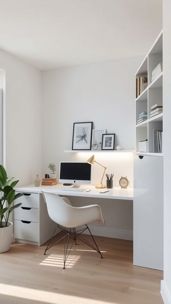 A minimalist home office featuring built-in shelving, a desk with a computer, and a plant.