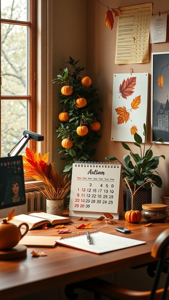 A cozy desk featuring an autumn-themed calendar, pumpkins, and colorful leaves, creating a warm workspace atmosphere.