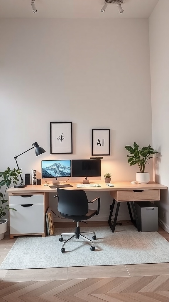 A minimalist home office featuring a sleek desk, modern technology, and plants, with natural light illuminating the space.
