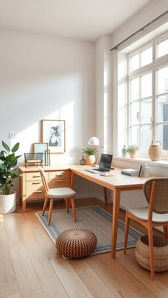 A minimalist Scandinavian home office with light wood furniture, a laptop on the desk, and plants by the window.