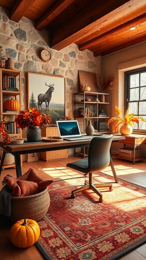 A cozy home office decorated for fall with pumpkins, autumn leaves, and warm wooden accents.