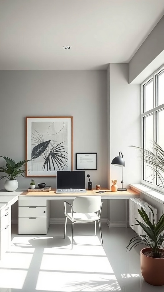 A modern minimalist home office featuring a desk with a laptop, artwork on the wall, and plants.