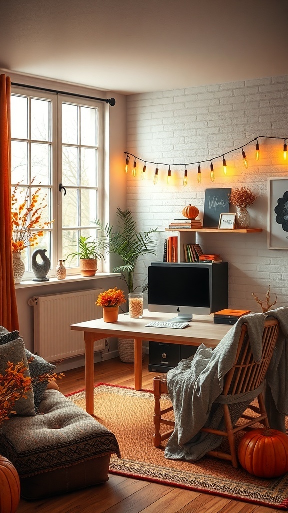 Cozy home office decorated for autumn with pumpkins, warm colors, and a comfortable chair.