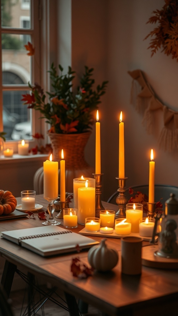 A cozy candlelit workspace decorated for autumn with pumpkins and flowers.
