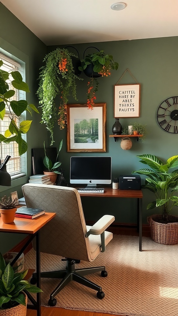 A cozy home office with forest green walls, plants, and a wooden desk.
