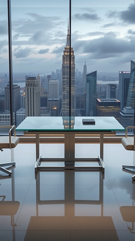 A contemporary glass executive desk with a view of the city skyline
