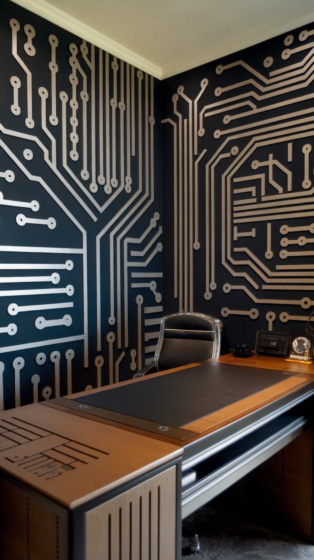 Tech-inspired wall decor featuring a circuit board design in a masculine home office