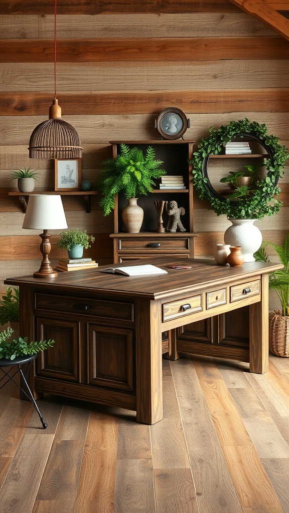 A rustic farmhouse executive desk in a cozy office setting with wooden walls and decorative plants.