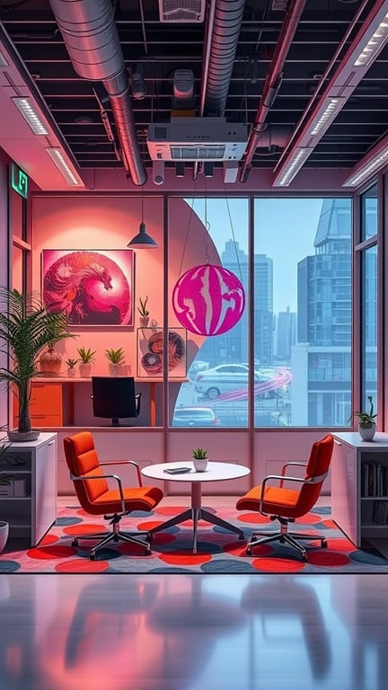 A modern office lounge featuring stylish furniture, vibrant colors, and a city view.