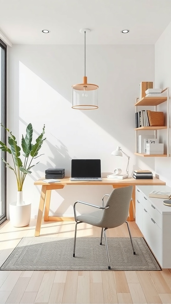 A minimalist home office featuring a wooden desk, a chair, a laptop, and a potted plant, with natural light streaming in.