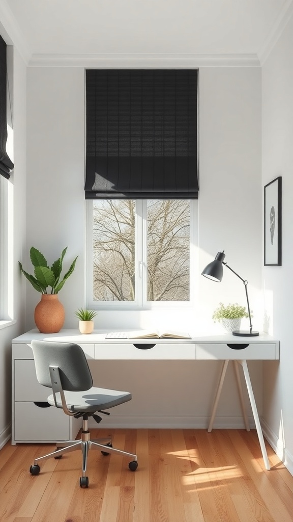 A minimalist home office featuring a white desk, a gray chair, and plants, with natural light coming through the window.
