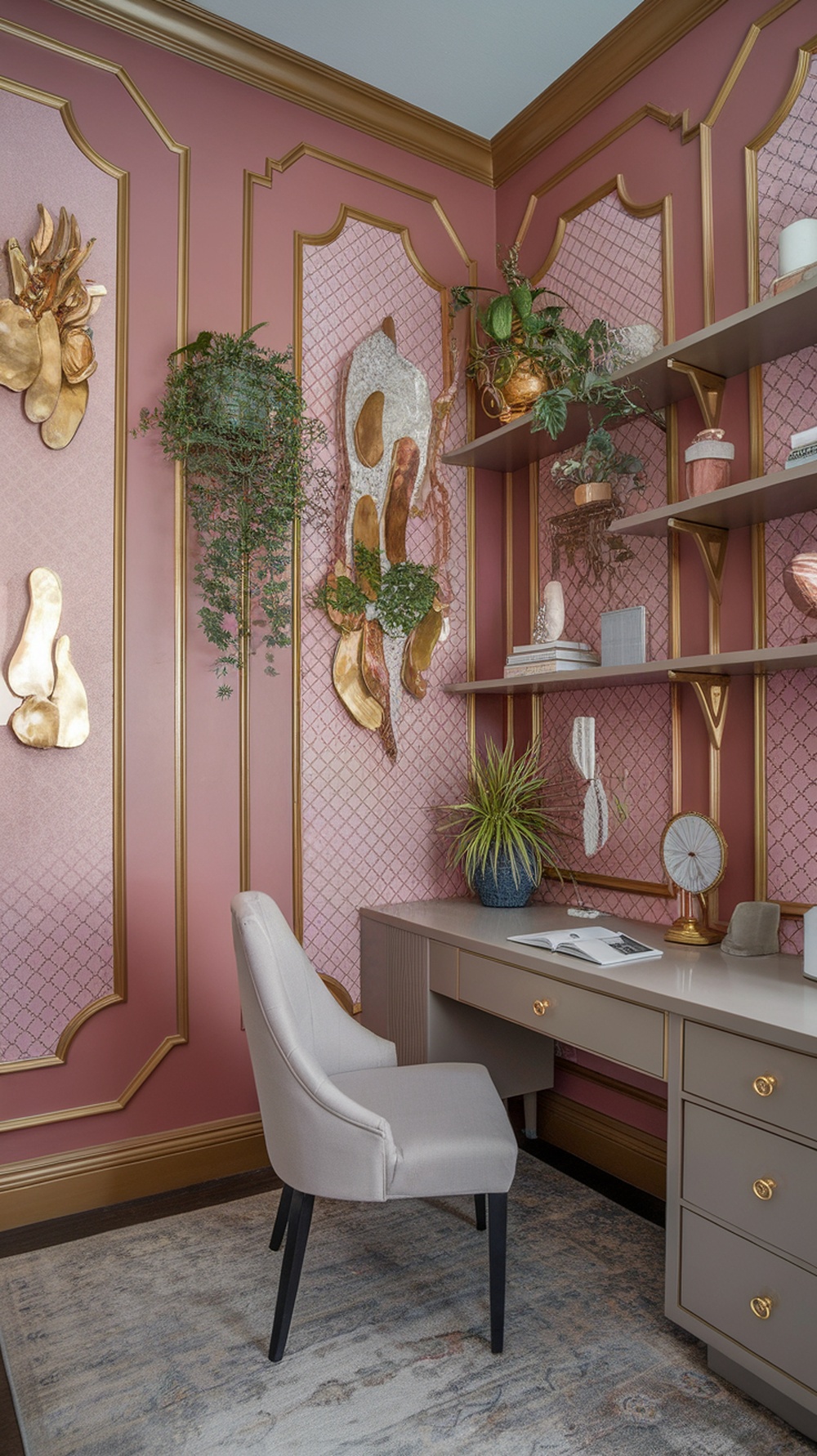 A feminine home office with pink walls and gold accents, featuring a stylish desk and decorative wall art.