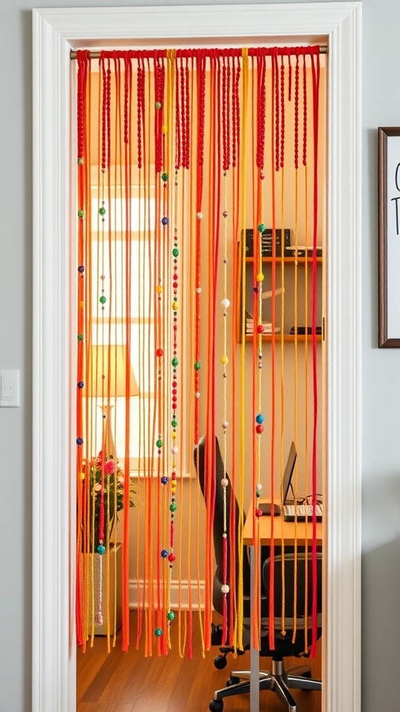 Colorful DIY beaded curtain hanging in a doorway, adding a playful touch to a home office.