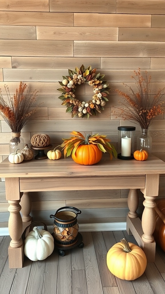 A rustic wooden desk decorated with pumpkins and fall decor, featuring warm colors and a cozy atmosphere.