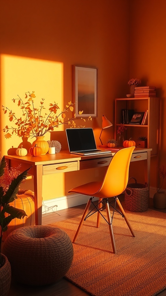 A cozy home office with saffron walls, a wooden desk, an orange chair, and decorative pumpkins.