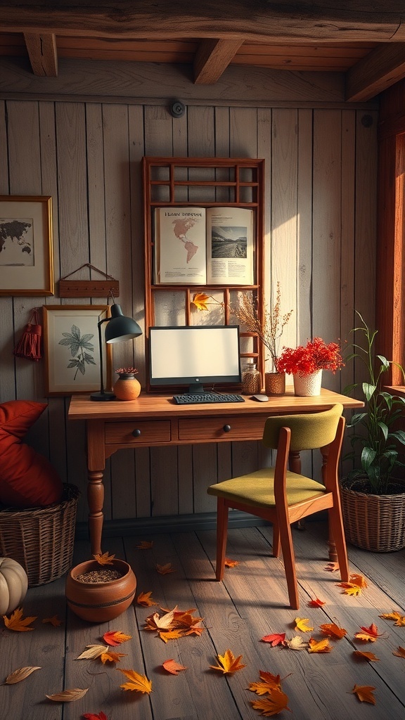 A cozy desk arrangement with autumn leaves, a wooden desk, green chair, and potted plants.
