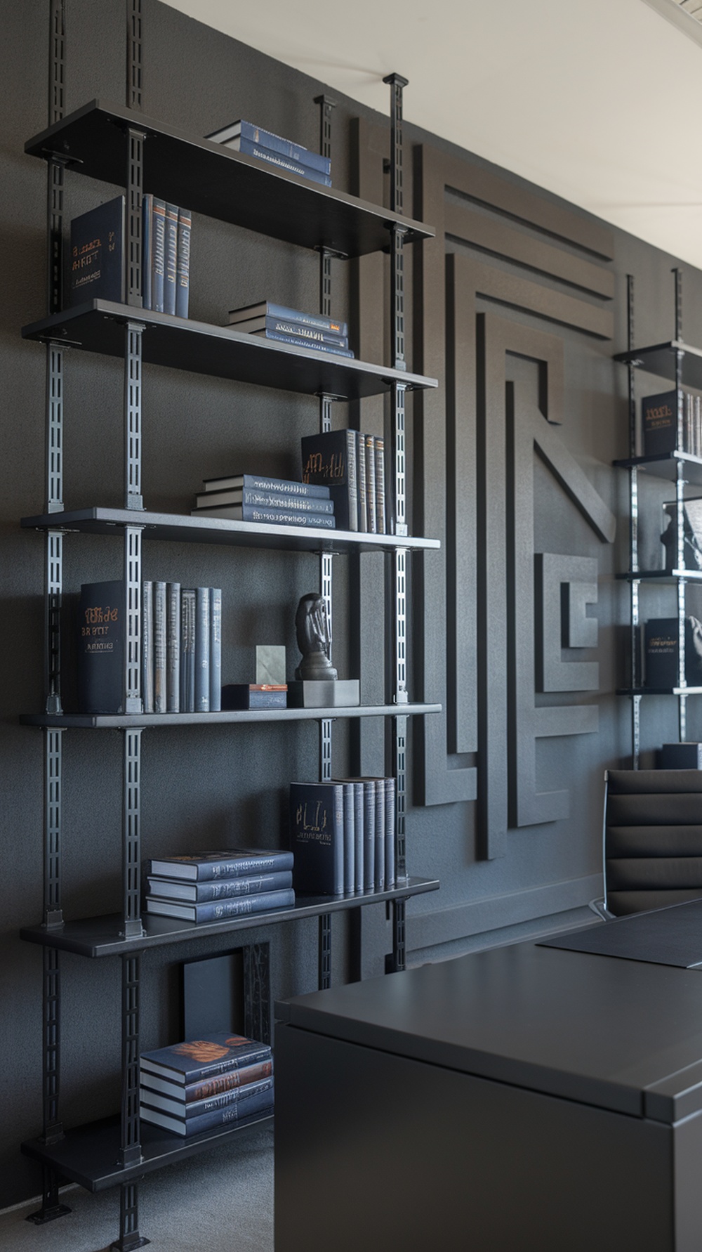 Metal shelving in a modern office setting with books and decorative items